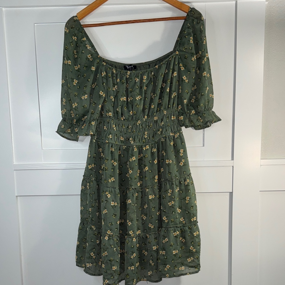 Trixxi Olive Green Floral Smocked Mini Dress